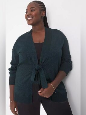 NWT Lane Bryant Forest Green Classic Tie-Waist Shine Open Front Cardigan 14/16